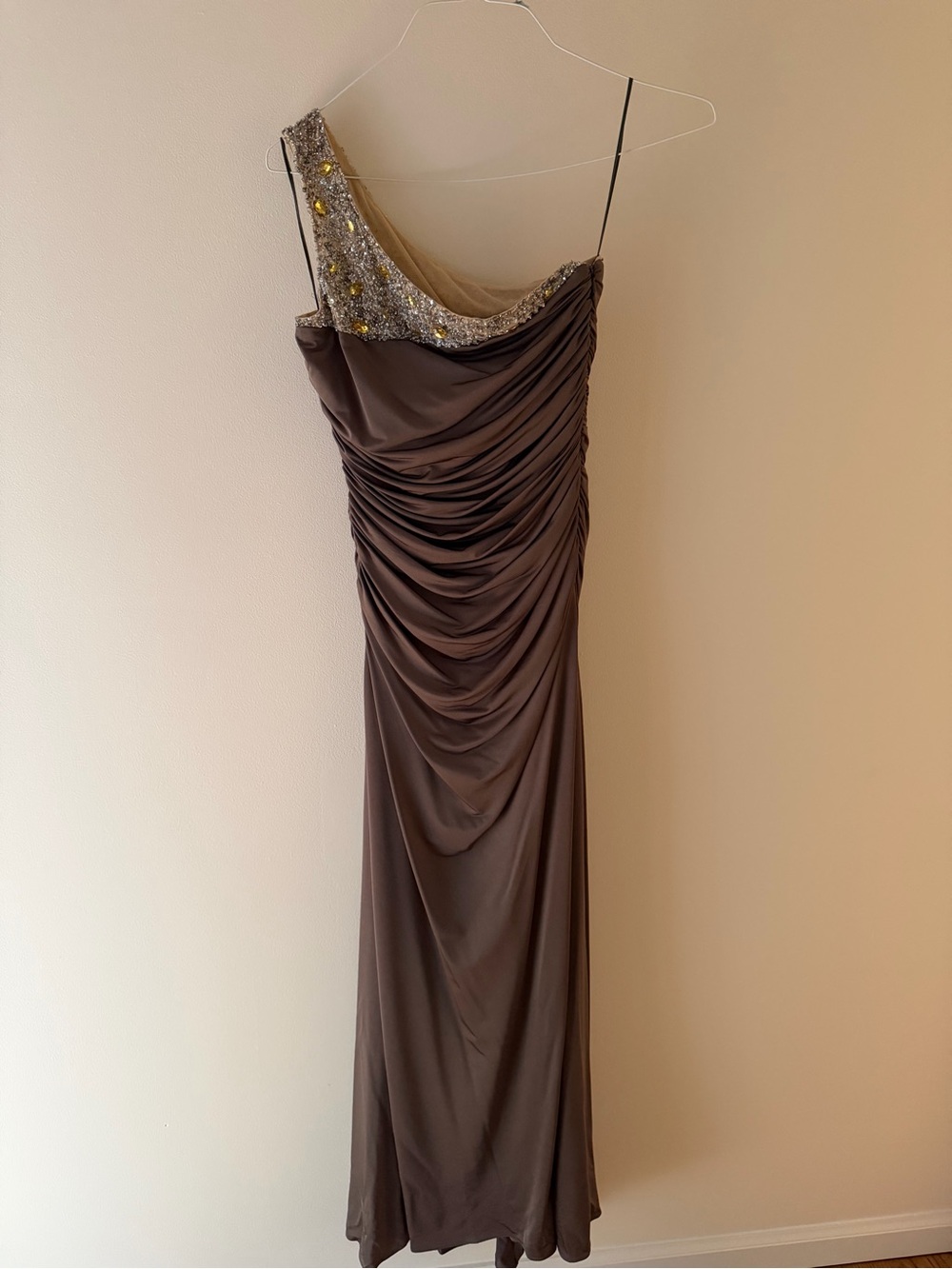 JS Boutique One-Shoulder Brown Evening Gown with Beaded Bodice